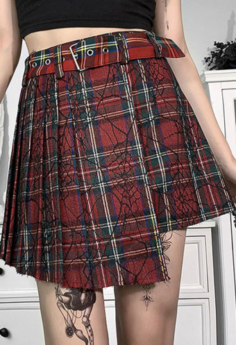 Gothic Pastel Skirt E-Girl Fashion Plaid High Waist Mini Skirt Color Contrast Polyester Irregular Hem Spider Web Pattern Skirt with Belt