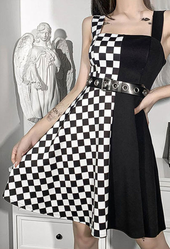 Gothic Grunge Plaid High Waist Sleeveless Mini Dress E-Girl Style Black and White Color Contrast Cotton Patchwork Backless Cami Dress with Belt