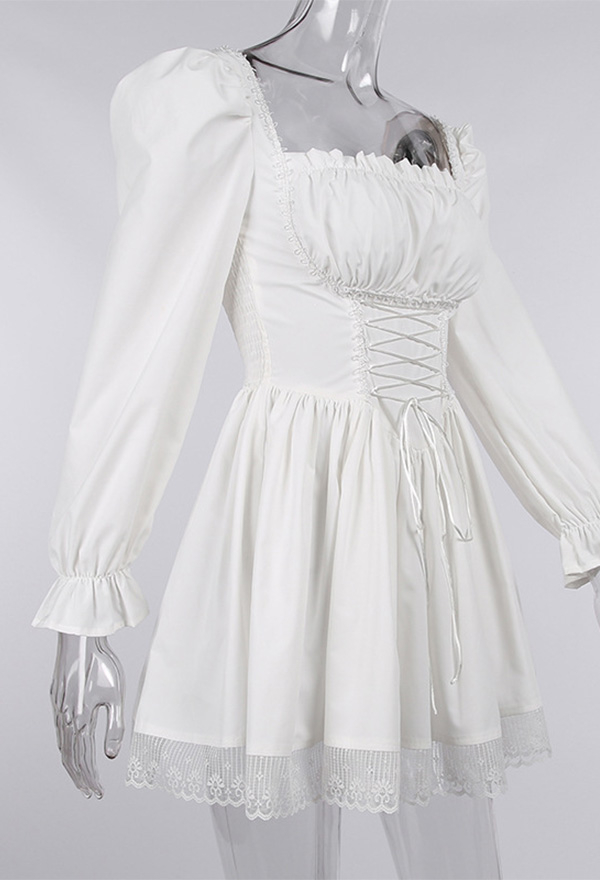 Women Stylish Short Puff Sleeve Mini Dress Gothic Mall Goth Polyester High Waist Front Strap Lace Hem Dress