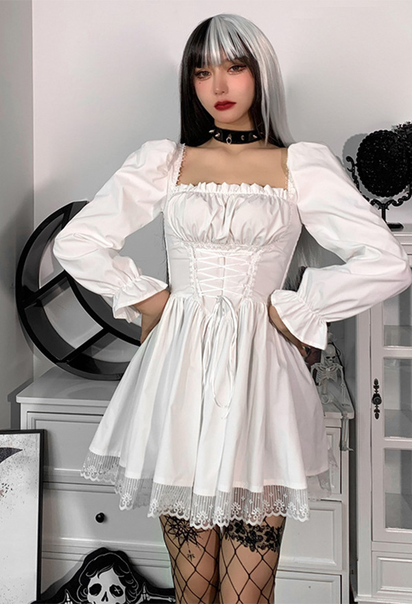 Women Stylish Short Puff Sleeve Mini Dress Gothic Mall Goth Polyester High Waist Front Strap Lace Hem Dress