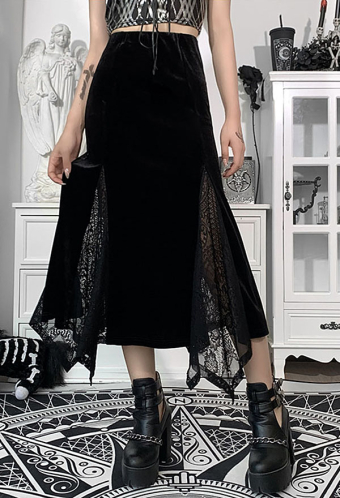 Women Grunge A-line Long Midi Skirt Streetwear Style Black Goth Skirt Velvet Floral Lace Decorated Irregular Hem Skirt for Autumn