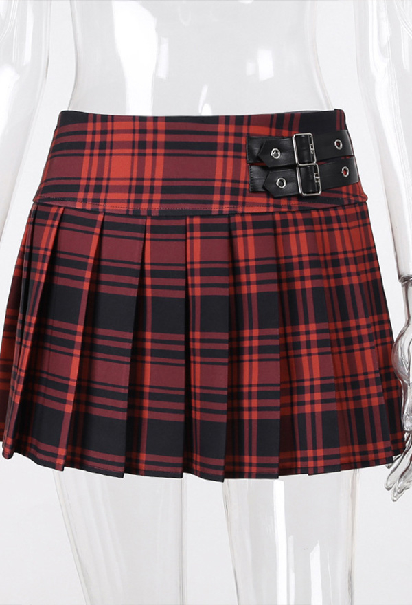Women Aesthetic 90s Grunge Pleated Skirt E-girl Style Black and Red Polyester High Waist Patchwork Plaid Mini Skirt