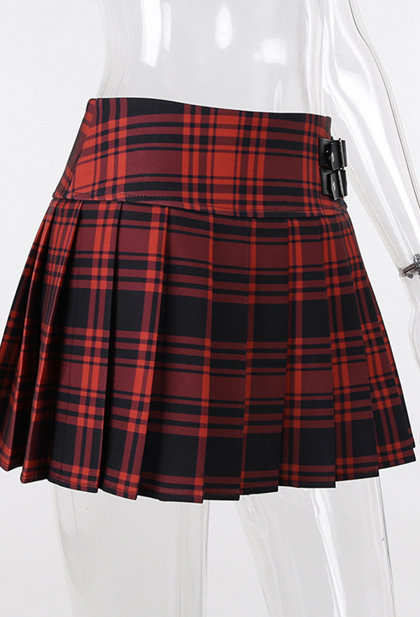 Women Aesthetic 90s Grunge Pleated Skirt E-girl Style Black and Red Polyester High Waist Patchwork Plaid Mini Skirt