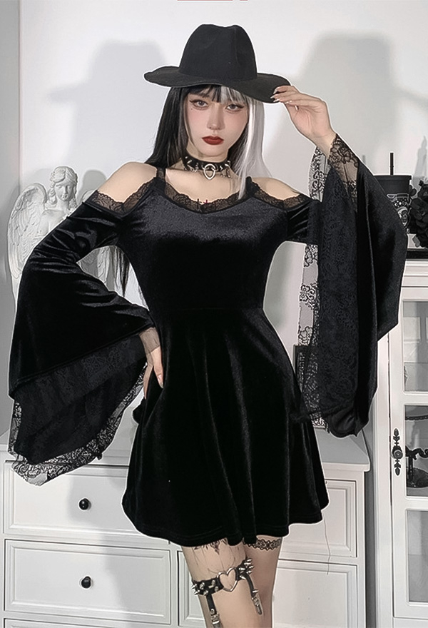 Women Gothic Vintage Lace Dress – Gothic Dress | Black Velvet Off ...