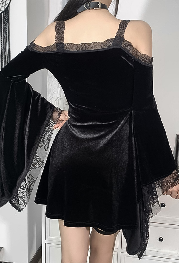 Women Gothic Vintage Lace Dress Dark Style Black Velvet Off-shoulder Flared sleeves A-line Mini Witch Dress