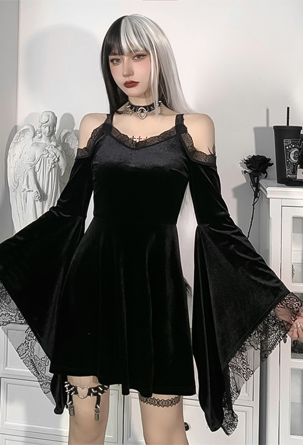 Women Gothic Vintage Lace Dress Dark Style Black Velvet Off-shoulder Flared sleeves A-line Mini Witch Dress