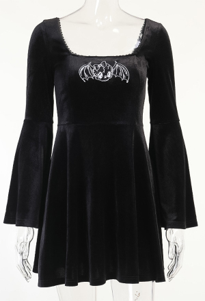 Gothic Vintage Elegant Bat Pattern Dress Dark Mall Goth Style Black Velvet Flared Long Sleeves Ruffle Hem Mini Witch  Dress
