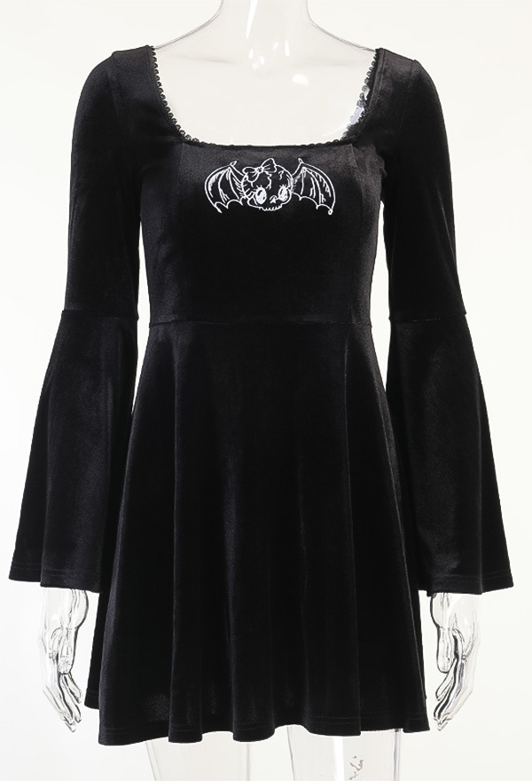 Gothic Vintage Elegant Bat Pattern Dress Dark Mall Goth Style Black Velvet Flared Long Sleeves Ruffle Hem Mini Witch  Dress