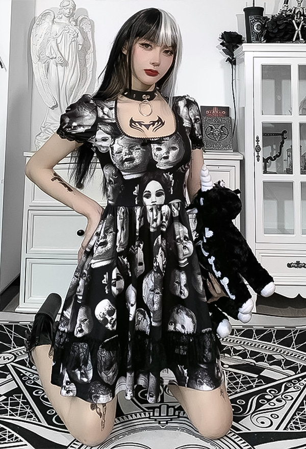 Women Fashion Scary Skull Face Print Gothic Dress Dark Halloween Style Black Lace Decorated Long Sleeve Patchwork Dress