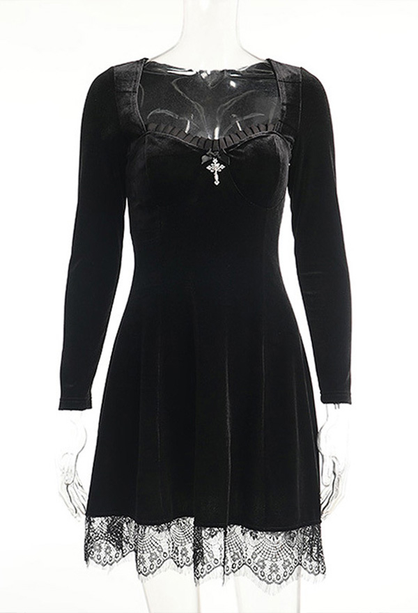 Women Fashion Gothic Fall Dress Witch Elegant Dress Retro Style Velvet Cross Decorated Lace Hem Long Sleeve Dress