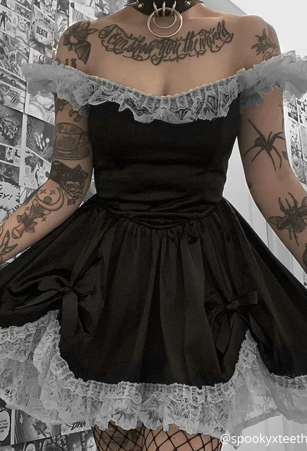 Women Fashion Gothic Aesthetic Lace Dress Grunge Style Polyester Puff sleeves Bow Decorated Irregular Lace Hem A-line Dress