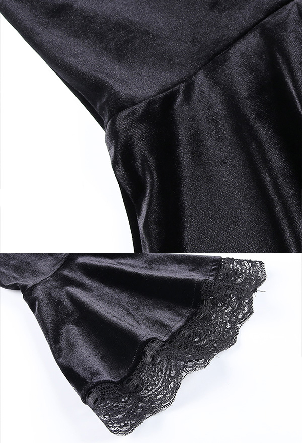 Gothic Dark Witch Elegant Dress Retro Style Black Velvet Hollow Chest Flared Long Sleeves Lace Decorated Mini Dress