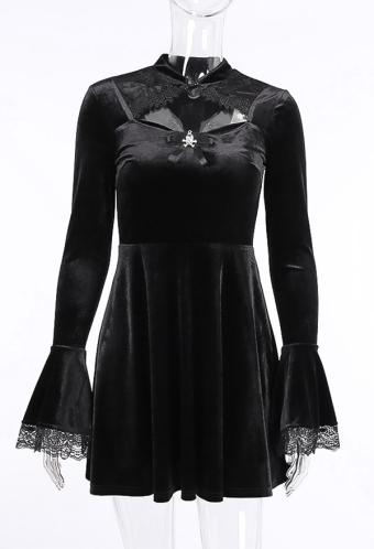 Gothic Dark Witch Elegant Dress Retro Style Black Velvet Hollow Chest Flared Long Sleeves Lace Decorated Mini Dress