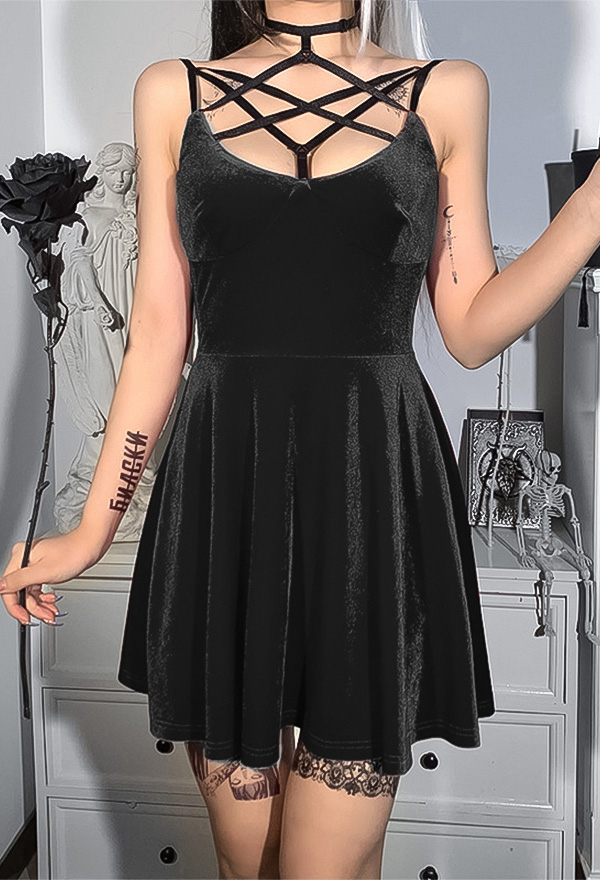 Mall Goth Women Fashion Pentagram Straps Decorated Cocktail Dress Dark Style Velvet Chest Open Sleeveless Cami Dress