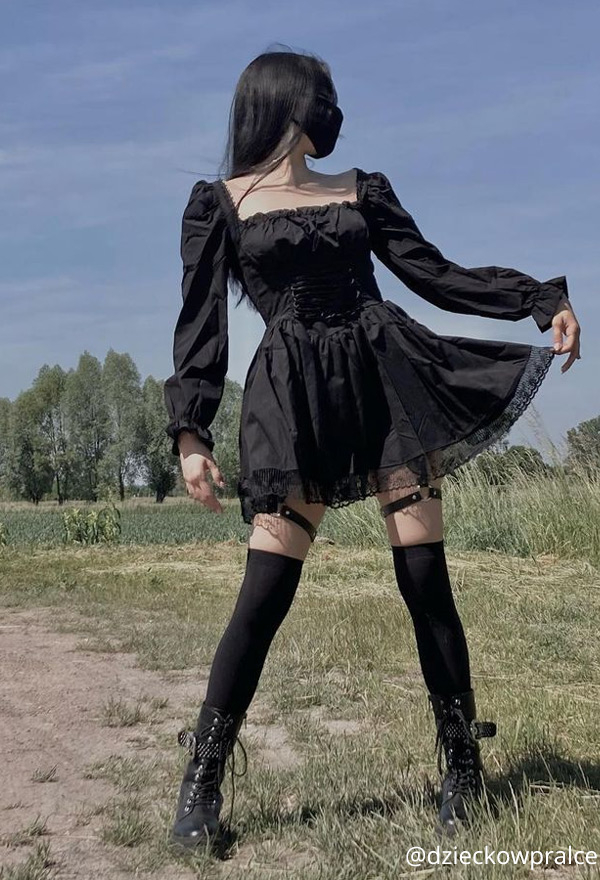 Women Fall Grunge Outfit Stylish Long Puff Sleeve Mini Dress Gothic Mall Goth Polyester High Waist Front Strap Lace Hem Dress