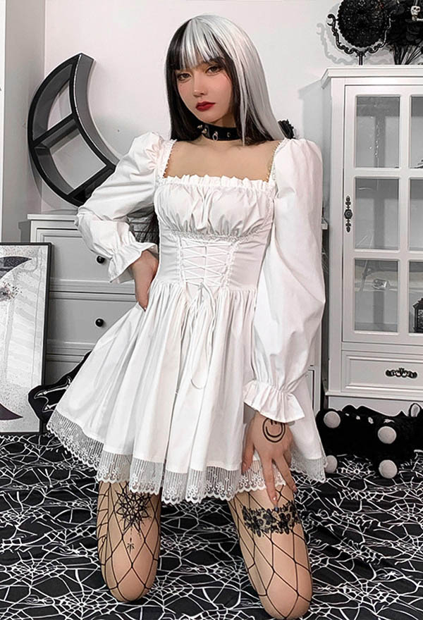 Women Fall Grunge Outfit Stylish Long Puff Sleeve Mini Dress Gothic Mall Goth Polyester High Waist Front Strap Lace Hem Dress