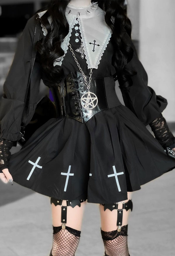 Women Fashion Fall Outfit Gothic Grunge Dress Dark School Style Black and White Color Contrast Doll collar Cross Pattern Hem JK Dress