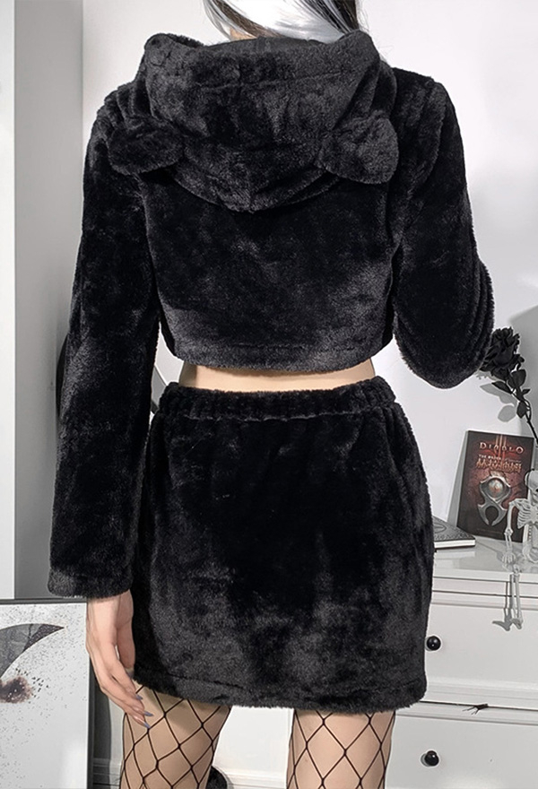 Women Aesthetic Grunge Fashion Two Piece Set Dark Goth Style Black Cotton Long Sleeve Cat Ear Hat Hoodie Crop Top and Mini Skirt Set for Fall and Winter
