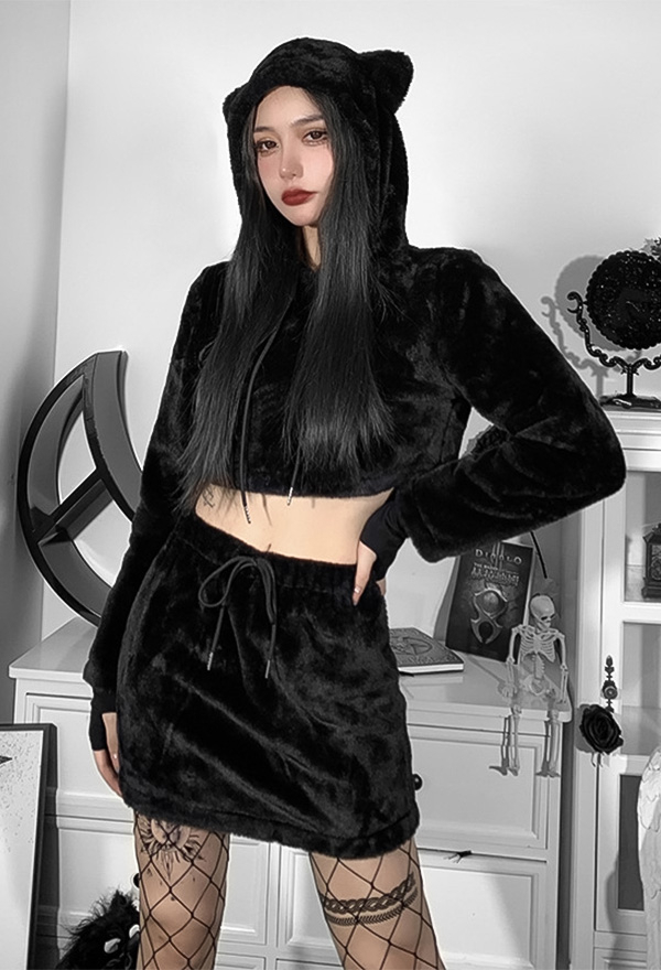 Women Aesthetic Grunge Fashion Two Piece Set Dark Goth Style Black Cotton Long Sleeve Cat Ear Hat Hoodie Crop Top and Mini Skirt Set for Fall and Winter