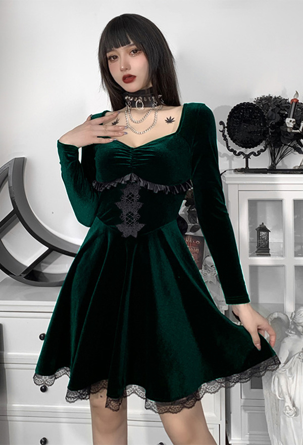 Women Fall Stylish Show Breast Cocktail Mini Dress Gothic Velvet Front Butterfly Embroidery Lace Hem Long Sleeve A-line Dress