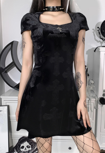 Women Mall Goth Fashion Slim Mini Dress Vintage Style Black Velvet Cross Floral Pattern Patchwork Short Sleeve A-line Dress