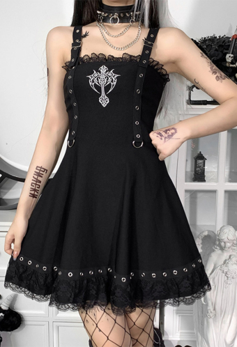 Women Grunge Streetwear Sleeveless Dress Dark Goth Style Black Polyester Eyelet Strap Cross Print Lace Hem Mini Dress