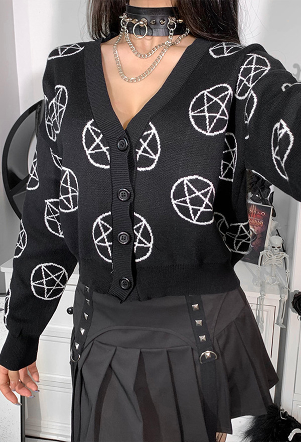 Women Grunge Fashion Streetwear Cardigan Sweater Top Dark Style Black Knitting Deep V Neck Pentagram Print Long Sleeve Top for Fall and Winter