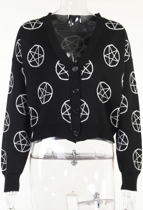 Women Grunge Fashion Streetwear Cardigan Sweater Top Dark Style Black Knitting Deep V Neck Pentagram Print Long Sleeve Top for Fall and Winter
