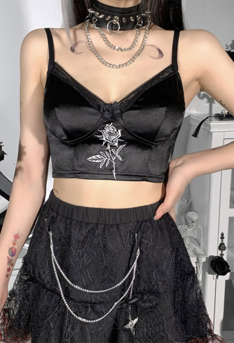 Women Grunge Hot Cami Top Dark Goth Style Polyester Rose Embroidery Breast Lace Trim Crop Camisole