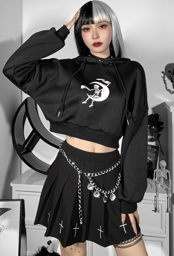 Gothic Grunge Streetwear Pullover Sweatshirt Alternative Style Black Cotton Skeleton and Moon Pattern Long Sleeve Navel Crop Hoodie Sweatshirt for Fall and Winter