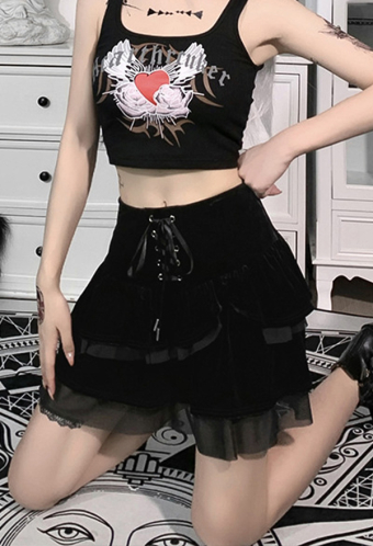 Women Alternative Aesthetic Lace-up Mini Skirt Grunge Style Black Velvet Mesh Patchwork High Waist Ruffle Skirt