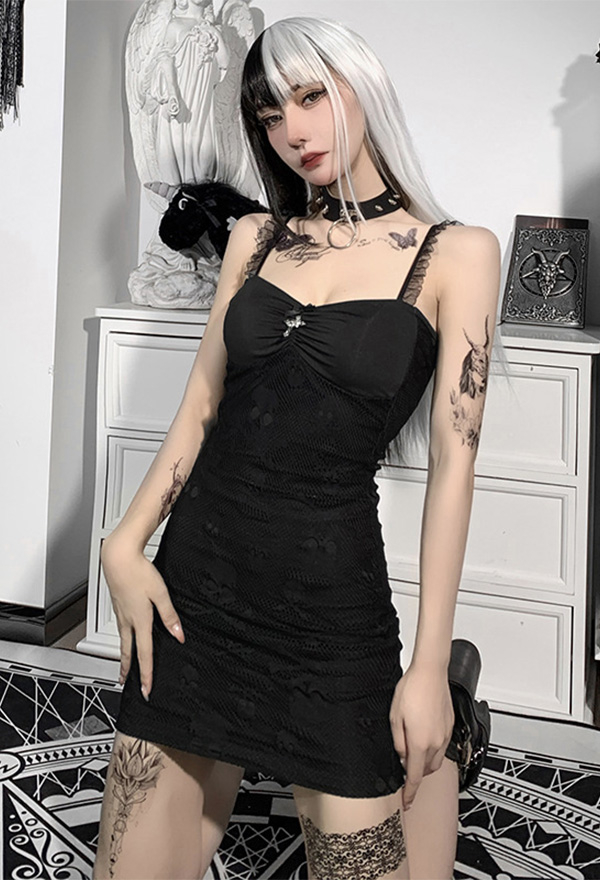 Gothic Lace Sling Hot Dress Grunge Style Black Show Breast Front Cross Decorated Slim Wrapped Hip Dress