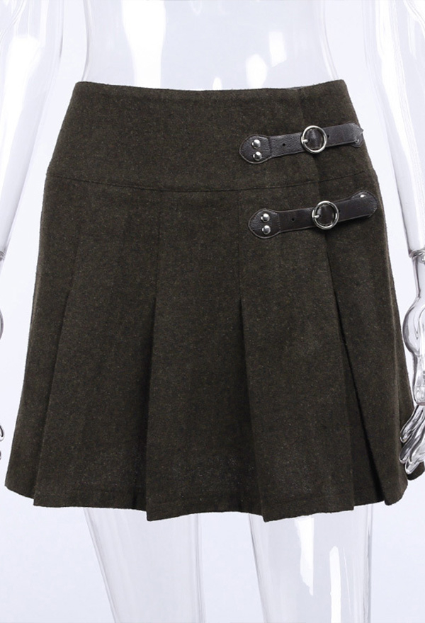 Gothic Grunge Aesthetic Pleated Skirt Punk Style Brown Cotton PU Buckle Decorated Patchwork Mini Skirt