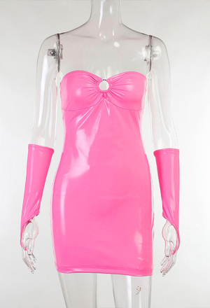 E-girl Fashion Date Wear Shiny Pink Dress Hot Style PU Leather Hollow Out Chest Wrapped Hip Bodycon Dress with Sleeves