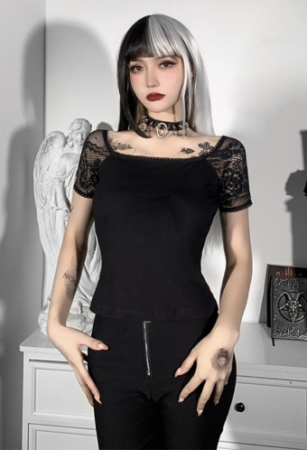 Women Mall Goth Lace Patchwork Top Dark Style Black Cotton Hollow Lace Sleeves Square Collar Top