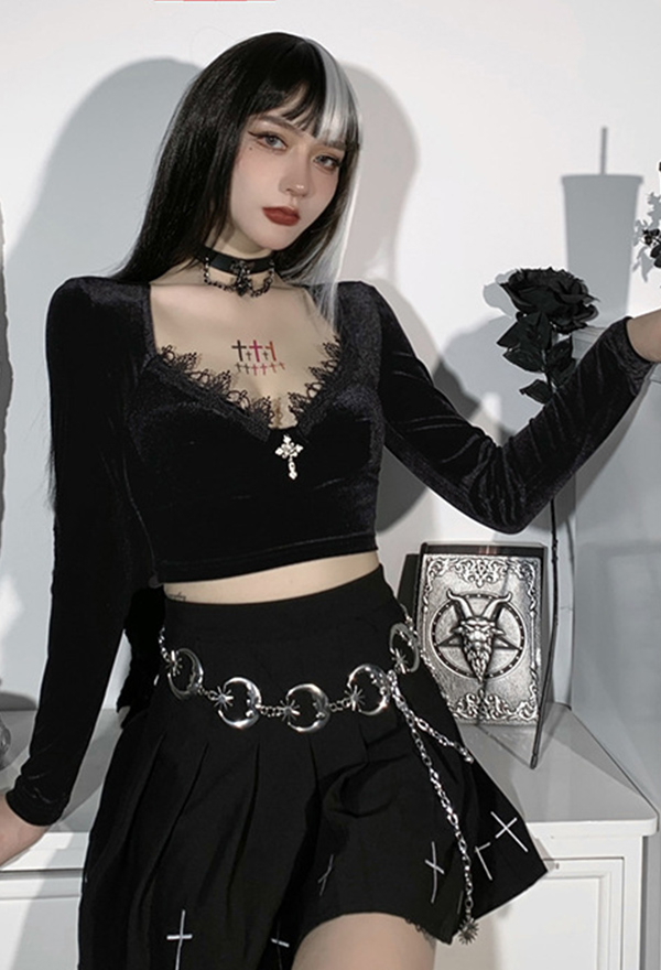 Women Fall Outfit Long Sleeve Crop Top Dark Goth Style Black Velvet Deep V Neck Cross Decorated Breast Lace Trim Top