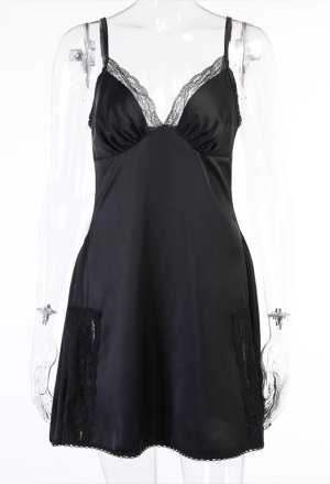 Women Date Wear Hot Lace Sleeveless Dress Grunge Style Black Deep V Neck Backless Zip Up A-line Dress