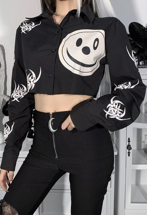 Gothic Fall Outfit Streetwear Cardigan Grunge Style Evil Joker Pattern Print Long Sleeve Navel Top