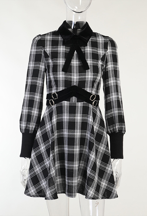 Haunted E-Girl Plaid Dress Grunge Style Black and White Bow Decorated Long Sleeve Lapel A-line Dress