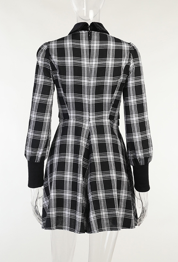 Haunted E-Girl Plaid Dress Grunge Style Black and White Bow Decorated Long Sleeve Lapel A-line Dress