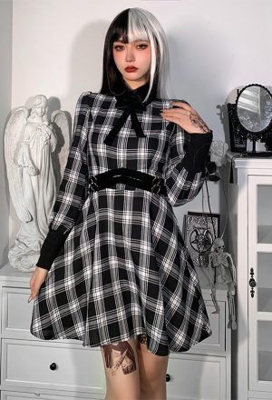 E-Girl Fall Plaid Dress Grunge Style Black and White Color Contrast Bow Decorated Strap Narrow Waist Long Sleeve Lapel A-line Dress