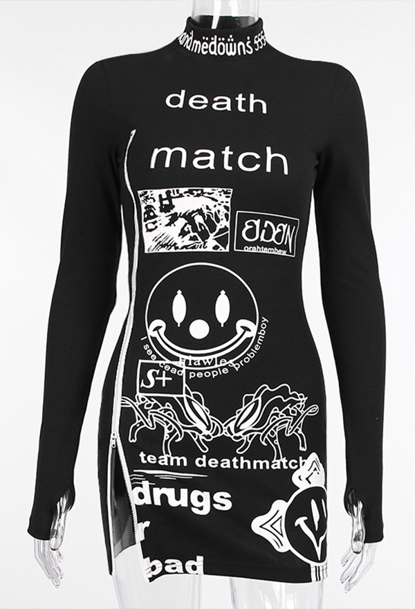 Deathmatch Gothic Black Cotton Smile Face Print Crewneck Long Sleeve Party Club Slim Mini Dress