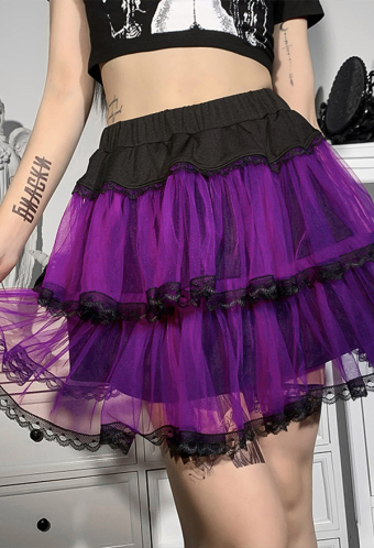 Gothic Grunge Fashion Pastel Cake Skirt Streetwear Style Purple Mesh Layered Lace Patchwork High Waist Mini Skirt