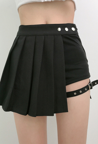 Women Grunge Streetwear Shorts Pleated Skirt Goth Style Black Polyester Buckle-Up Strap Decorated Irregular Hem Mini Skirt with Shorts