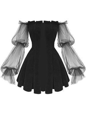 Women Fashion Gothic Cocktail Party Dress Hot Style Black Polyester Off the Shoulder Sheer Mesh Sleeves High Waist Sweetheart Mini Dress