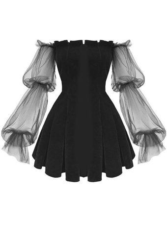 Women Fashion Gothic Cocktail Party Dress Hot Style Black Polyester Off the Shoulder Sheer Mesh Sleeves High Waist Sweetheart Mini Dress