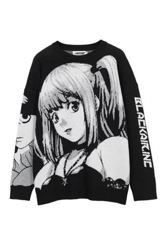 Unisex Gothic Fashion Crewneck Anime Sweater Grunge Style Black and White Polyester Knitted Cartoon Graphic Long Sleeve Oversize Pullover Sweater for Fall and Winter