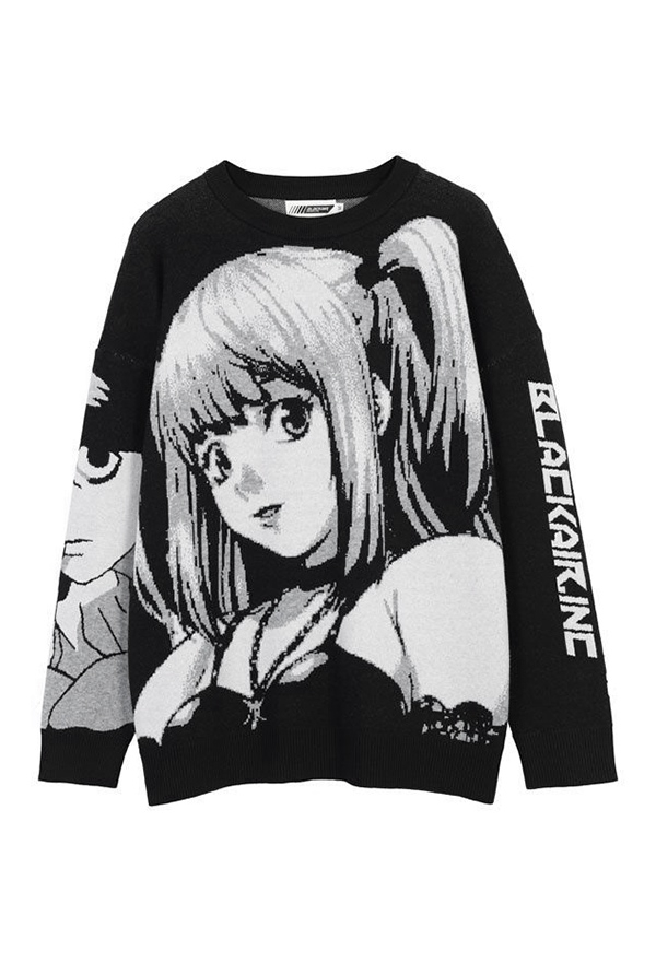 Miss Misa Unisex Black Crewneck Knitted Graphic Long Sleeve Grunge Oversize Pullover Sweater for Fall and Winter