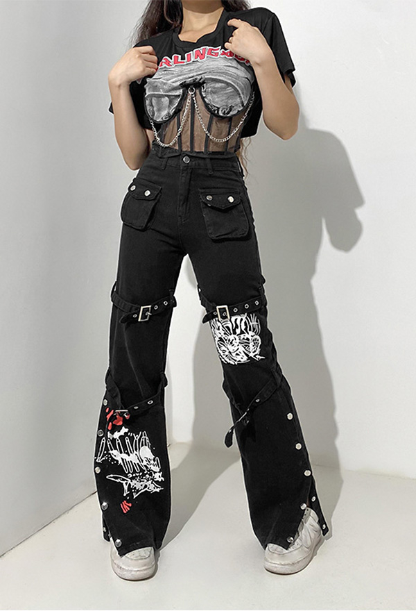 Darkside Y2K Jeans 90s Grunge Style Black Denim Devil Print Egirl Straight Trousers