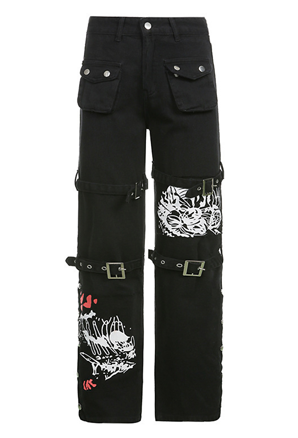 Darkside Y2K Jeans 90s Grunge Style Black Denim Devil Print Egirl Straight Trousers